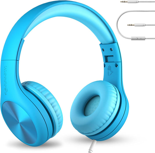 Connect+ Pro Kids Headphones for School - Blue Over-Ear, Wired, Volume-Limiting - Kids Wired Headphones with Microphone, Passive Noise Reduction & Shareport for Shared Listening